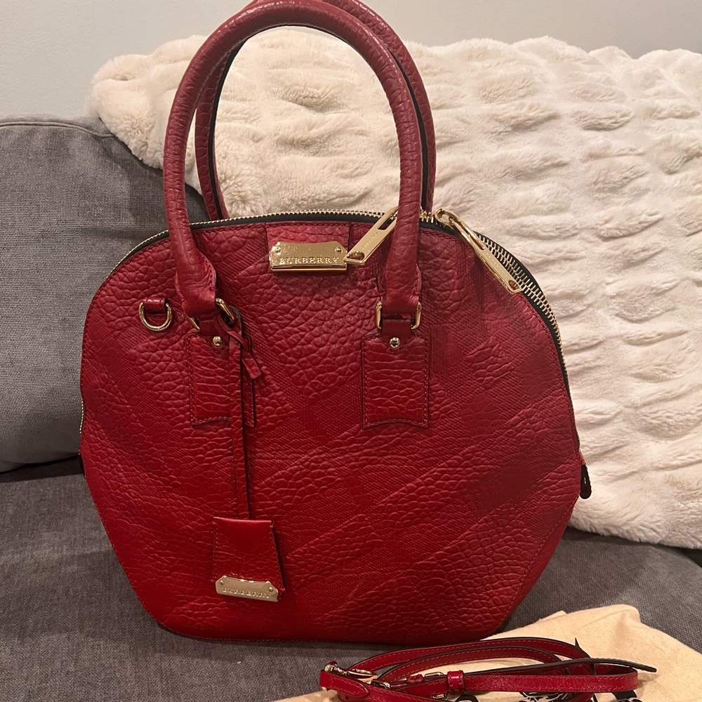 Burberry Medium Military Red Orchard Bowling Bag SG Grain Check w/ Cross Body